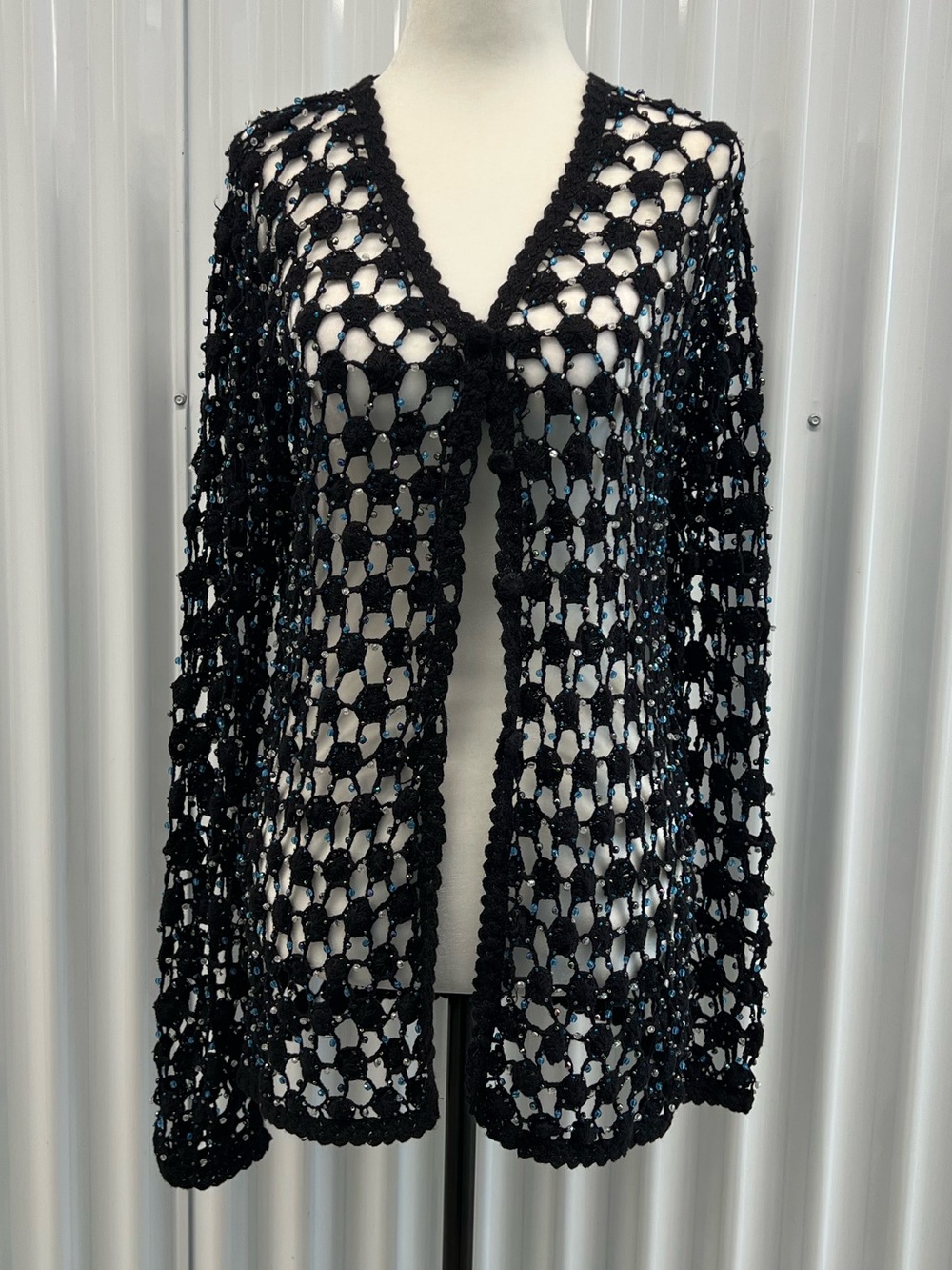 Moda International Black Open-Weave Cardigan crochet beaded
